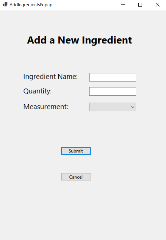 Adding Ingredients Page