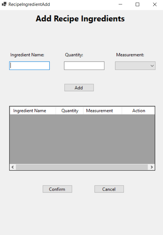 Adding Recipe Ingredients Page