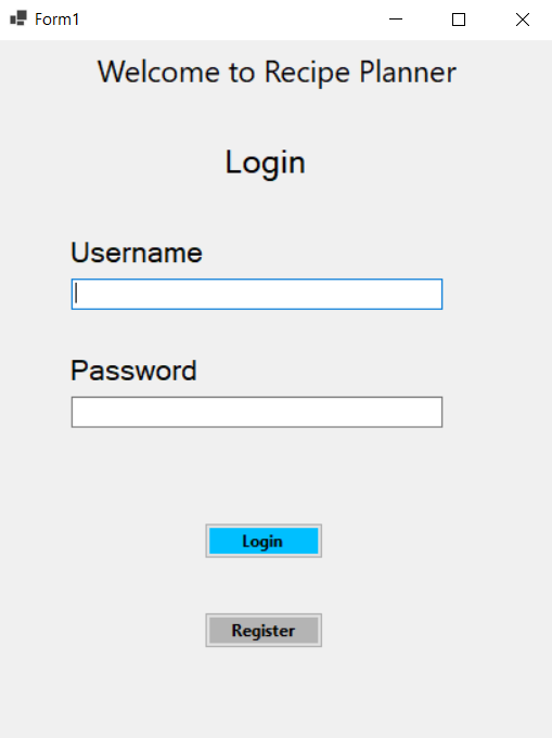 Recipe Planner Login Screen